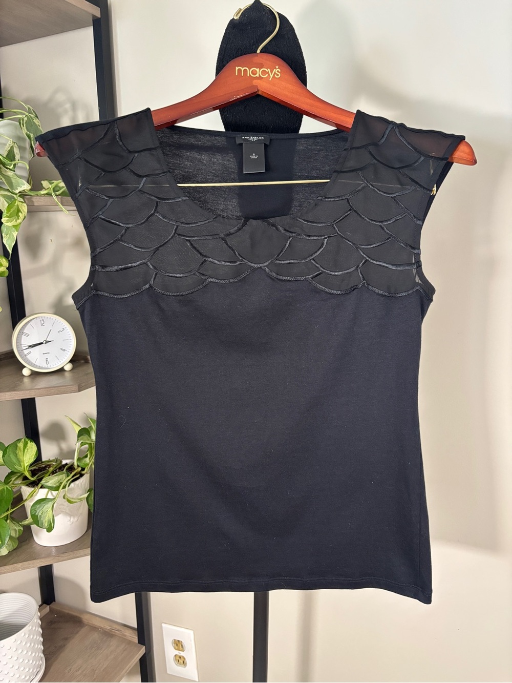 Ann Taylor Cotton Black Cap Sleeve Tank with Sheer Scalloped Applique Yoke